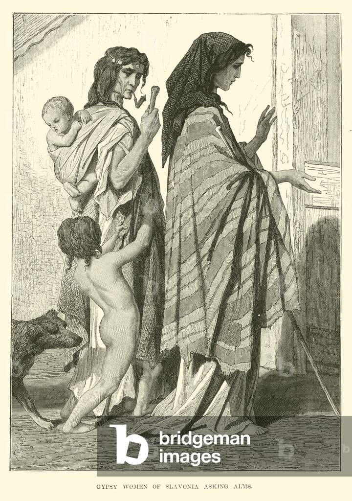Gypsy women of Slavonia asking alms (engraving)