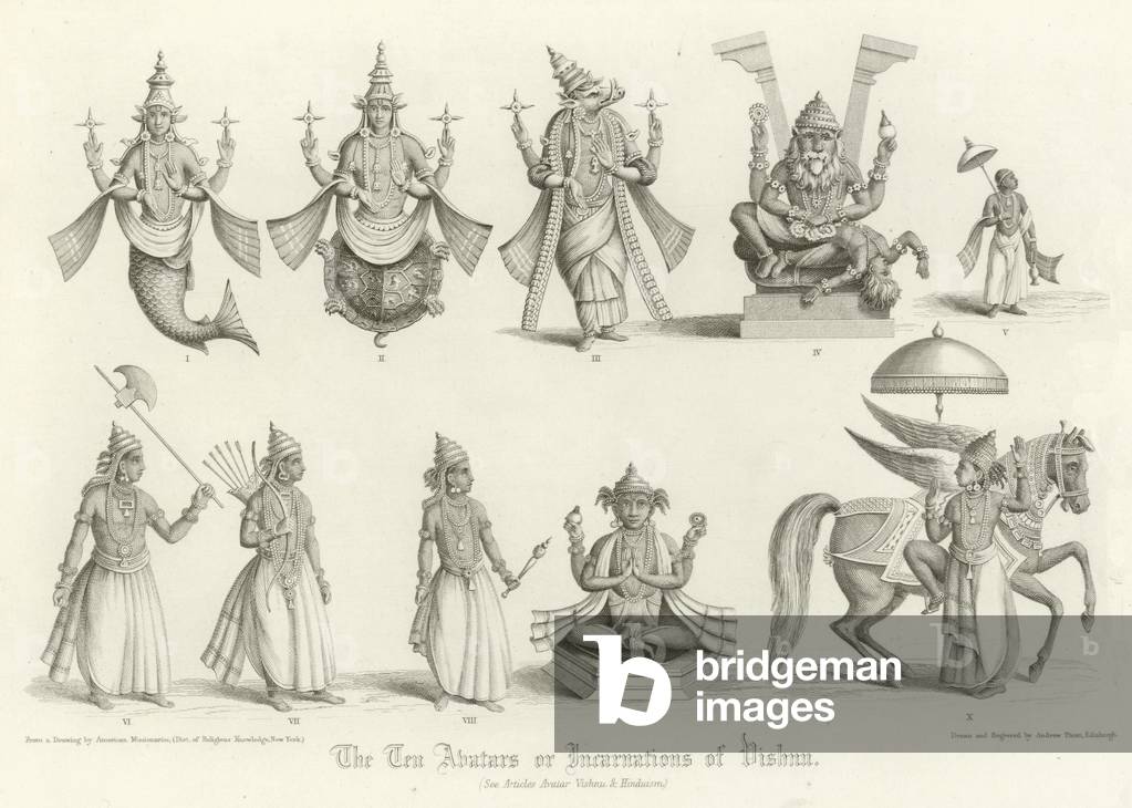 The Ten Avatars or incarnations of Vishnu (engraving)