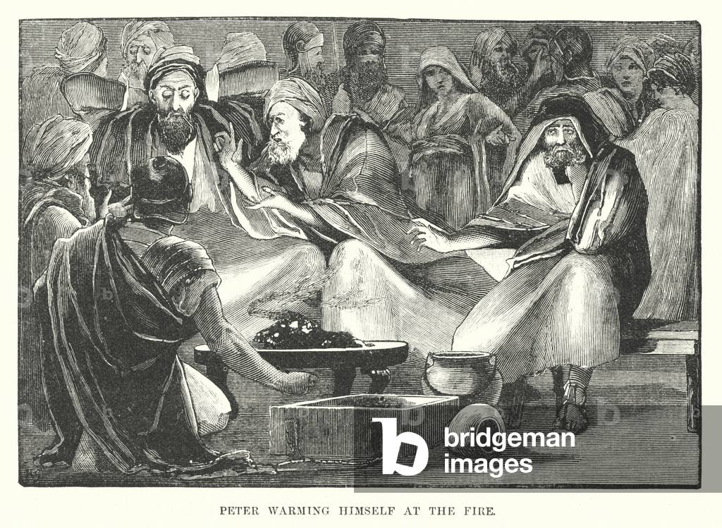 Peter warming himself at the Fire (engraving)
