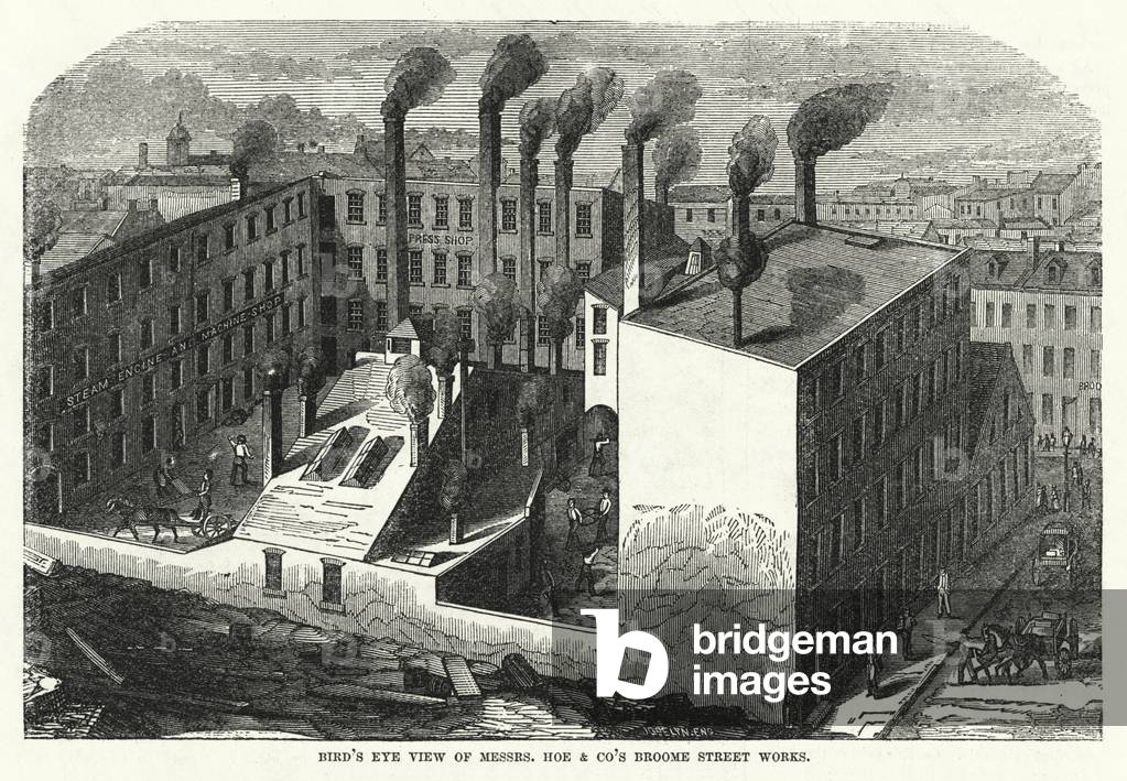 Bird's Eye View of Messrs Hoe and Co's Broome Street Works (engraving)