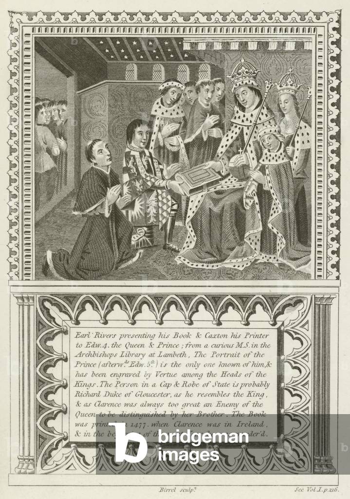 Earl Rivers presenting his book and William Caxton his Printer (engraving)