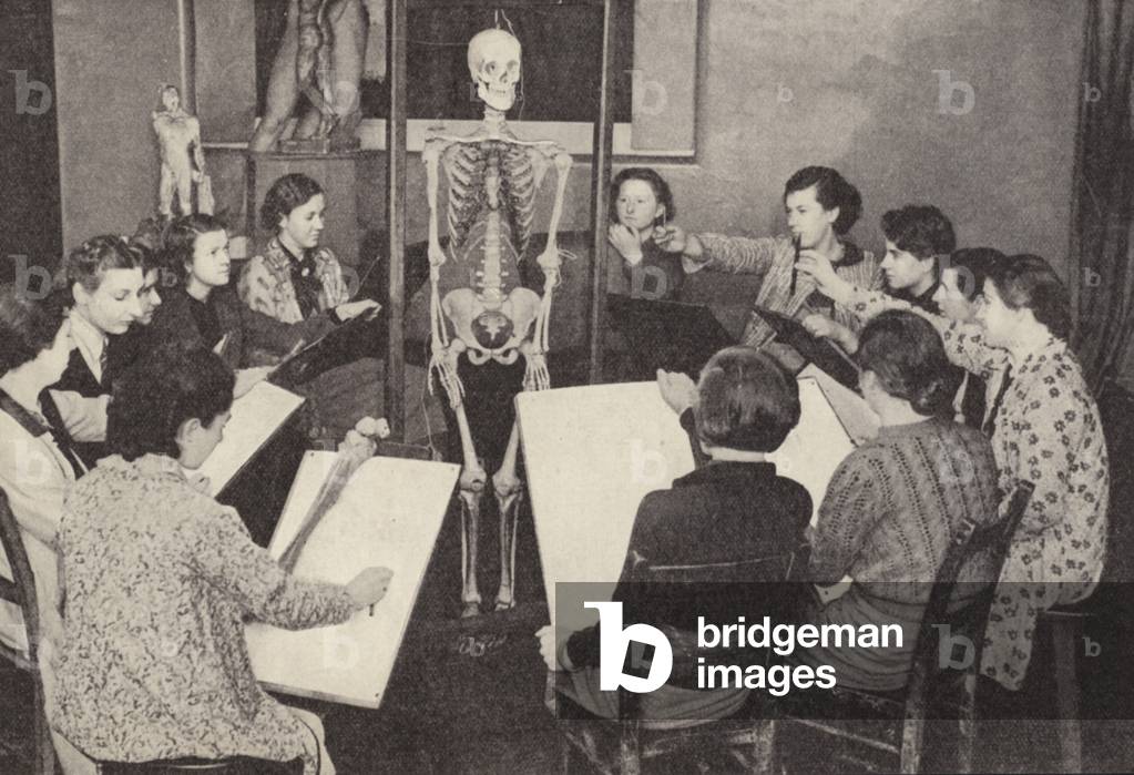 Art class, learning to draw a skeleton (b/w photo)