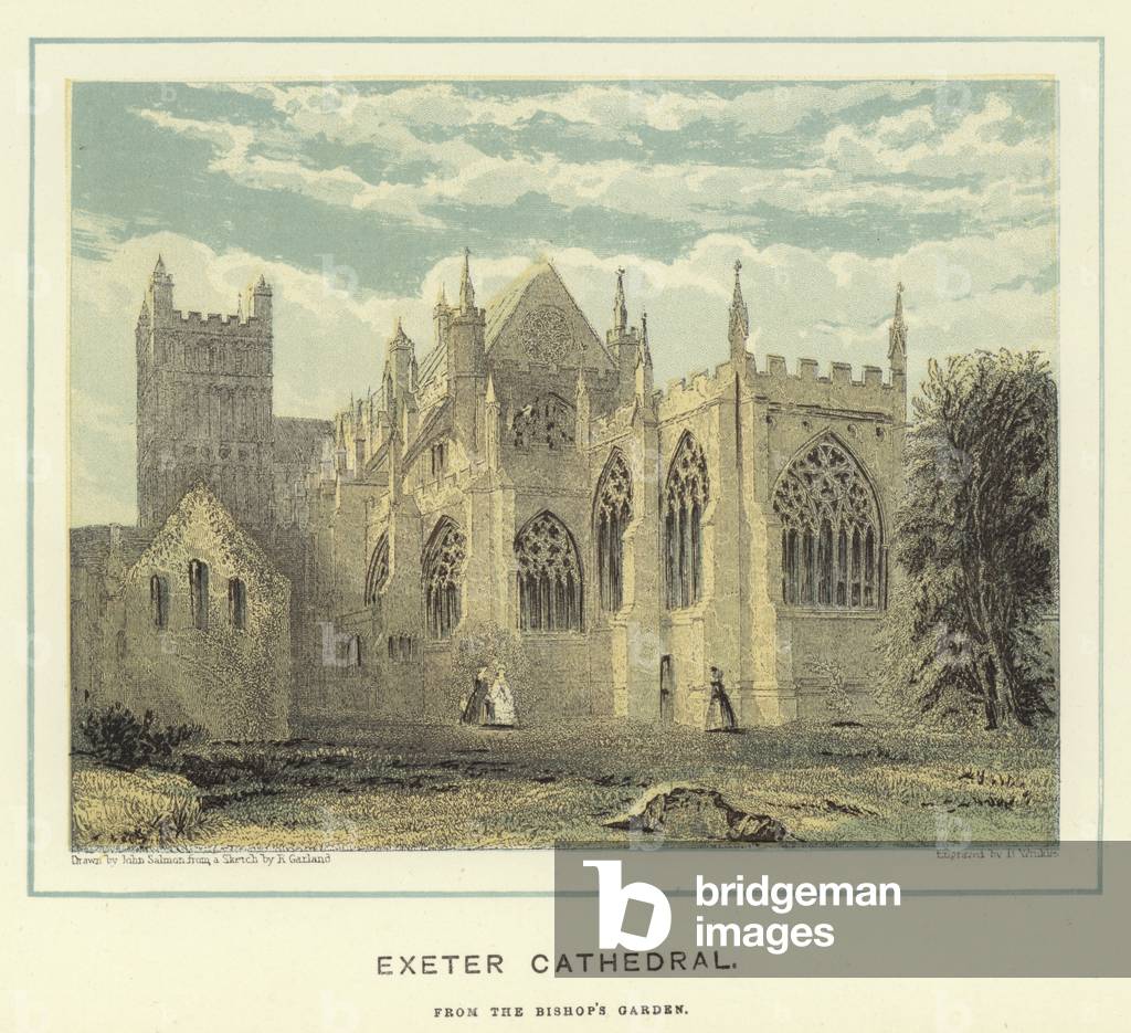 Exeter Cathedral, from the bishop's garden (colour litho)