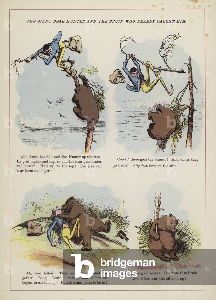 The giant bear hunter and the Bruin who nearly caught him (colour litho)