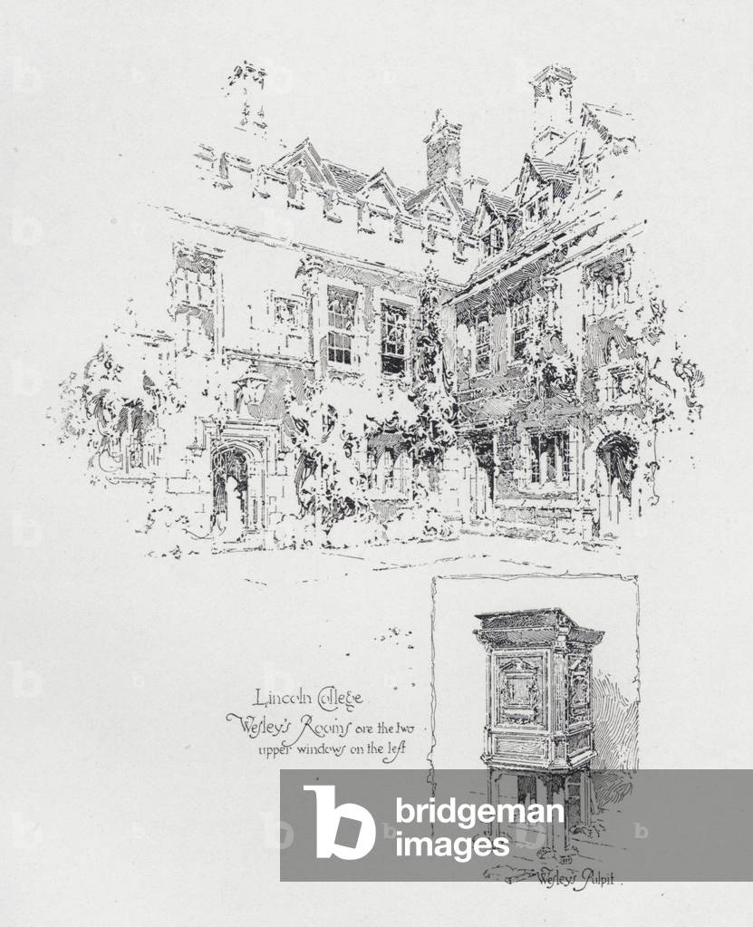 Pulpit used by English Methodist preacher John Wesley's and his rooms at Lincoln College, Oxford (litho)
