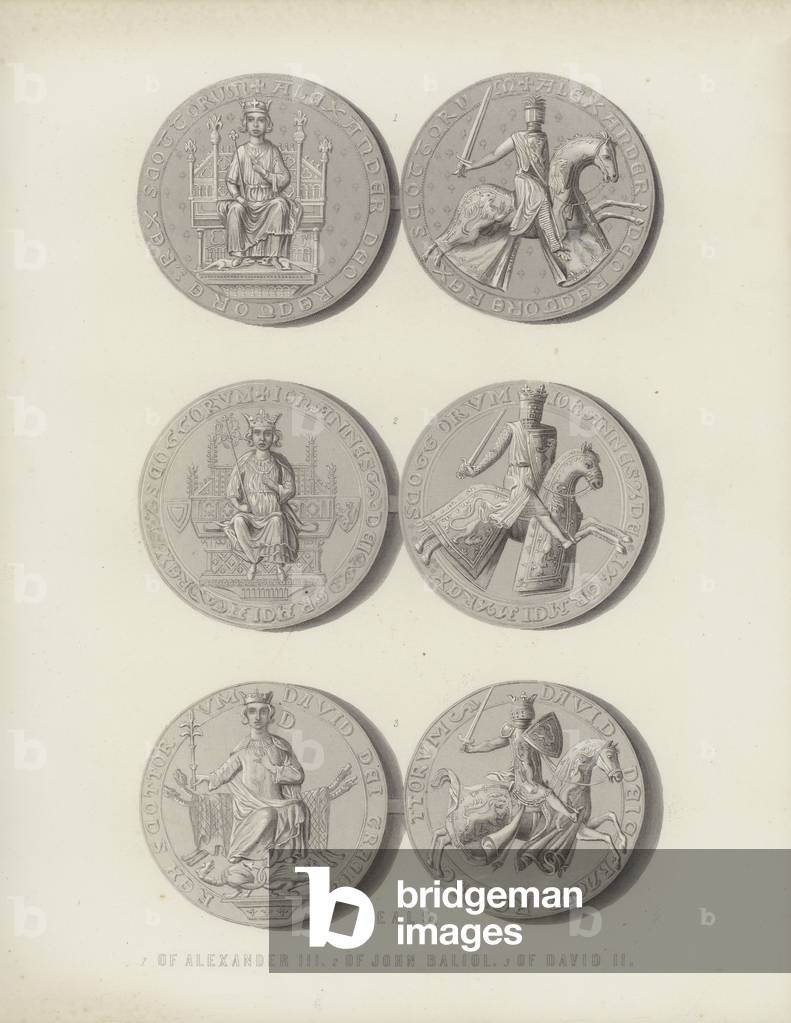 Seals of Alexander III, John Baliol and David II (engraving)