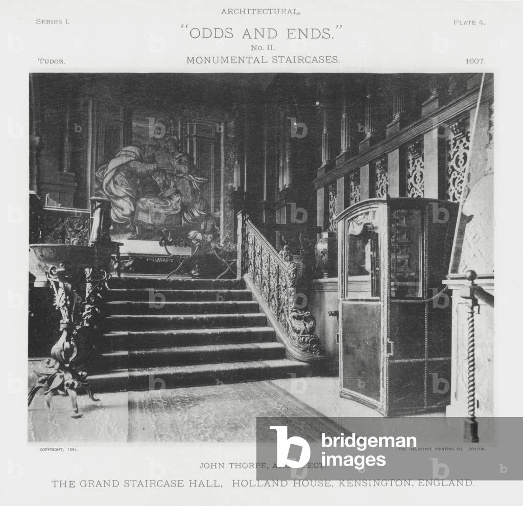 The Grand Staircase Hall, Holland House, Kensington, England (b/w photo)