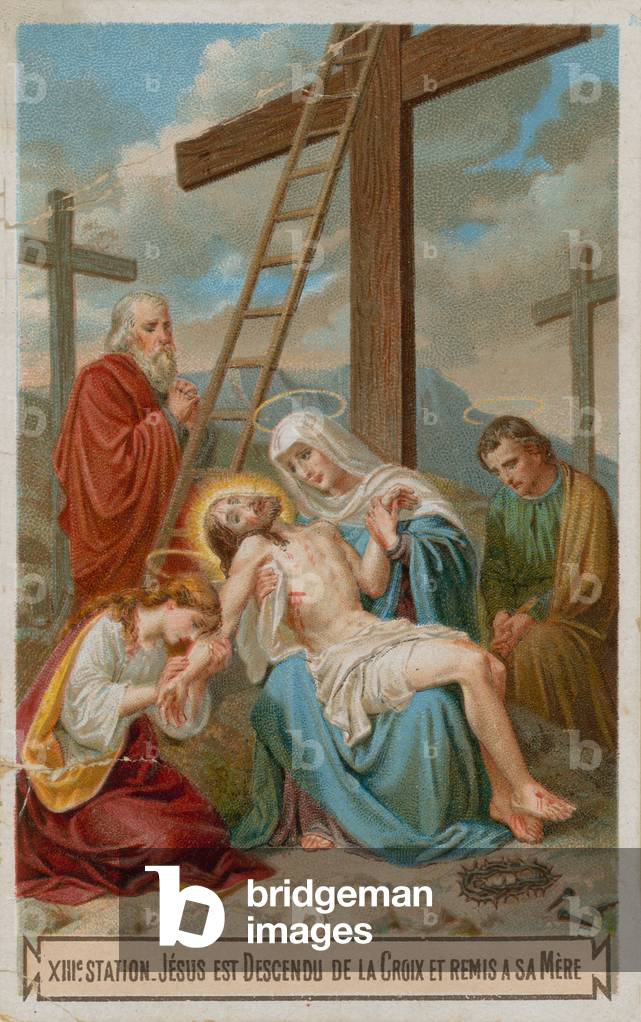 Jesus is taken down from the cross and restored to his mother. The thirteenth Station of the Cross (chromolitho)