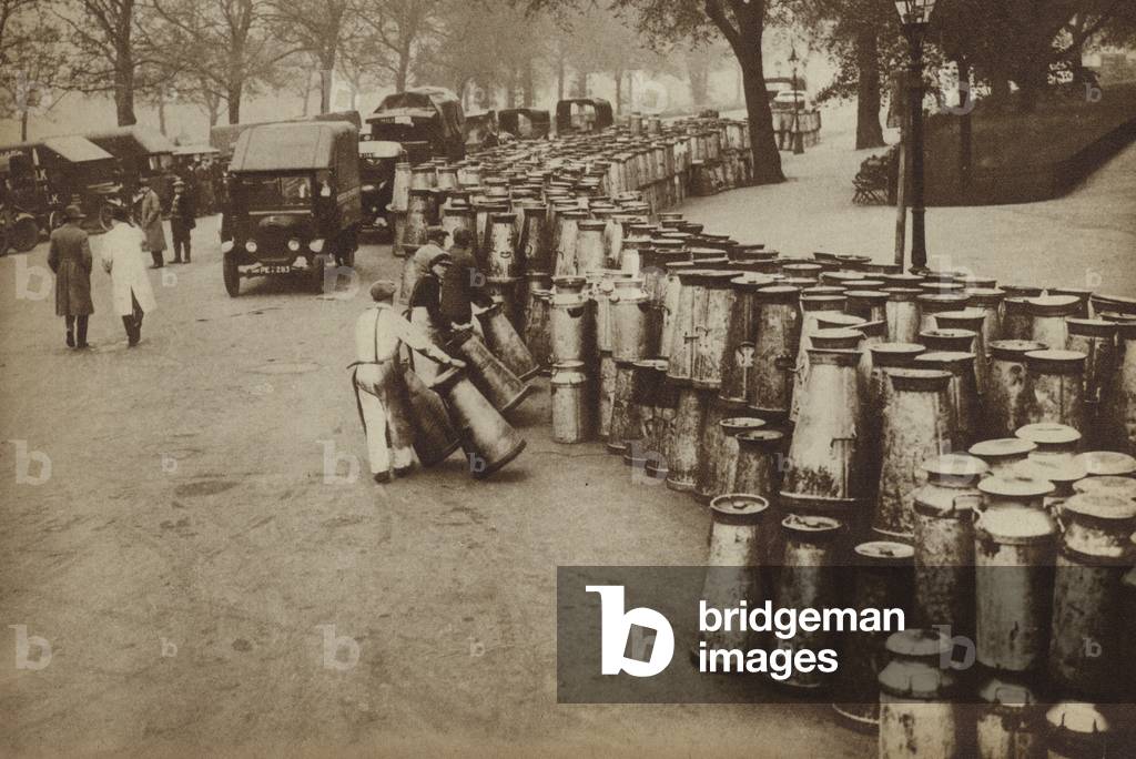 Milk churns brought from London's docks to Hyde Park during the General Strike, 1926 (b/w photo)