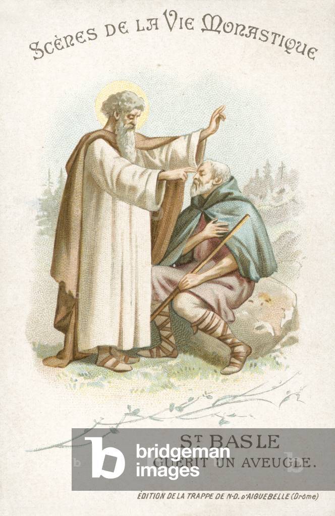 St Basle curing a blind man (chromolitho)