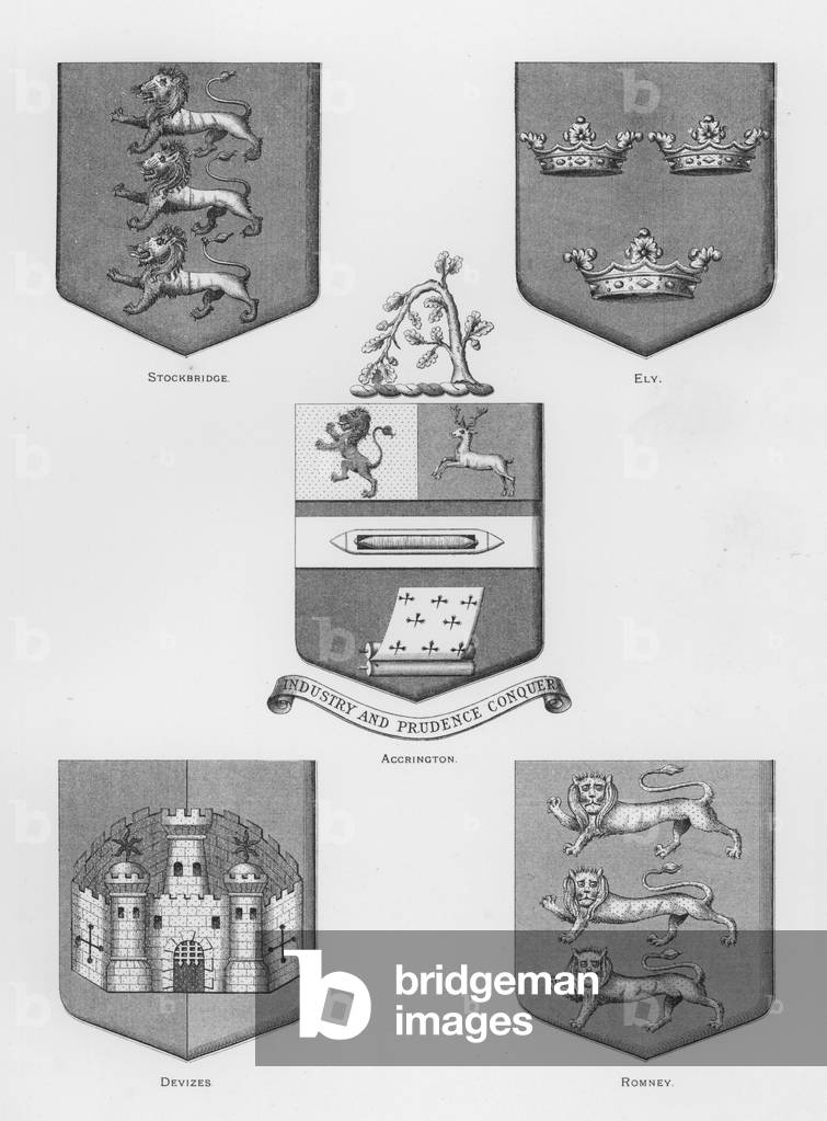 Public arms: Stockbridge; Ely; Accrington; Devizes; Romney (engraving)