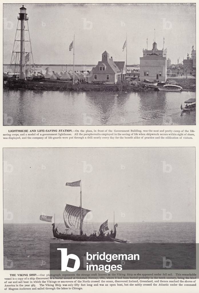 Chicago World's Fair, 1893: Lighthouse and Life-Saving Station; The Viking Ship (b/w photo)