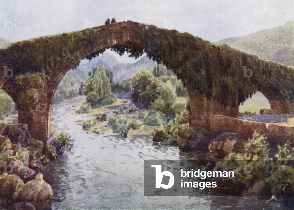 Northern Spain: Cangas de Onis, The Bridge over the Sella (colour litho)
