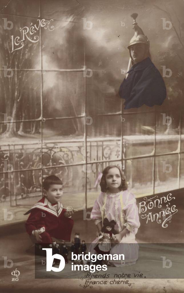 Two children play with their toys and think about their soldier father (tinted photo)