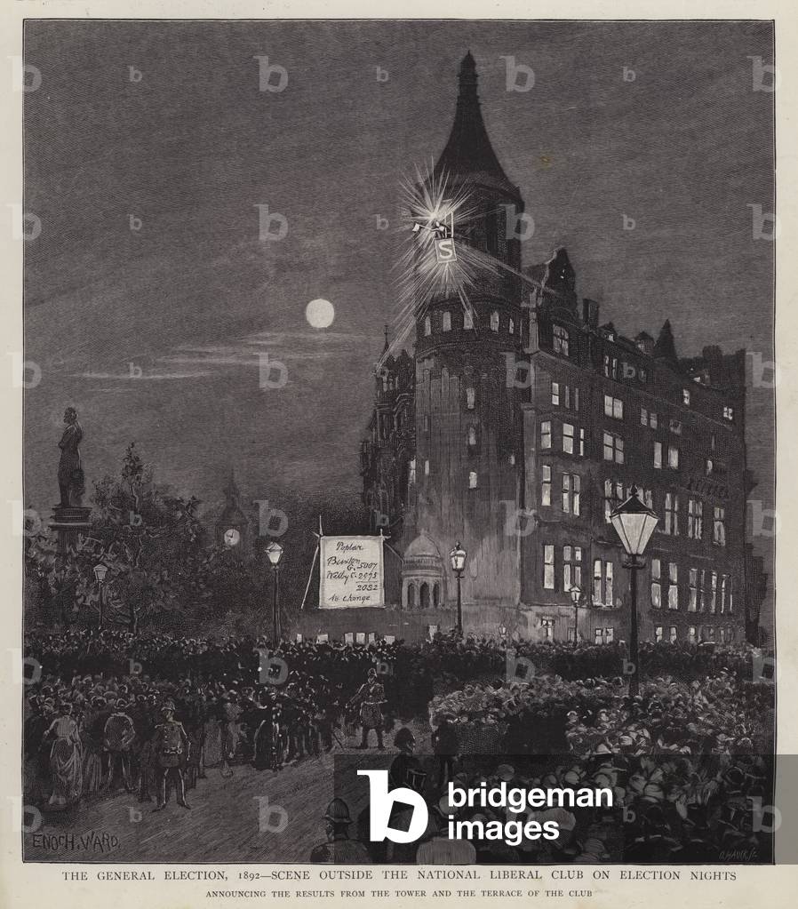 Announcement of the results of the 1892 General Election from the Liberal Club, Westminster, London (litho)