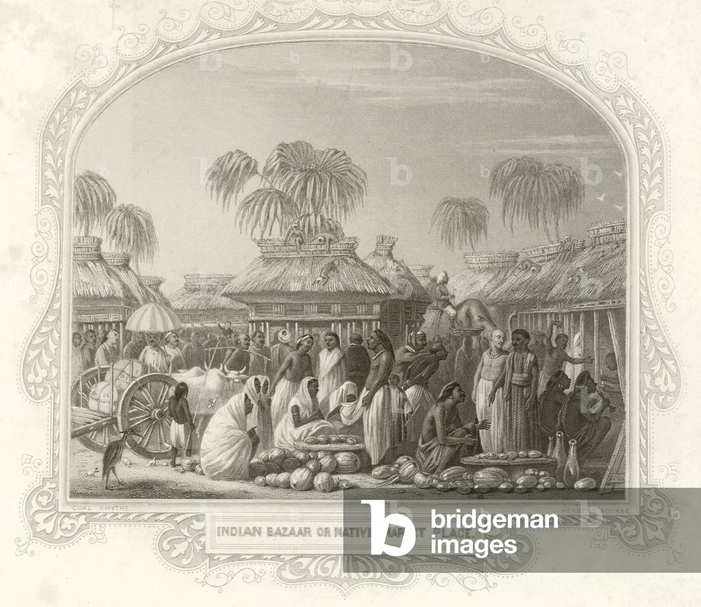 Indian bazaar or native market place (engraving)