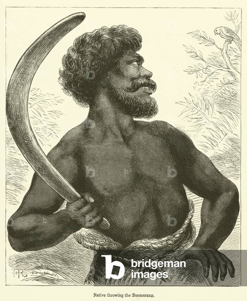 Native throwing the Boomerang (engraving)