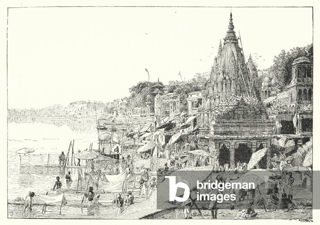 India: Bathing Ghats, Benares (engraving)