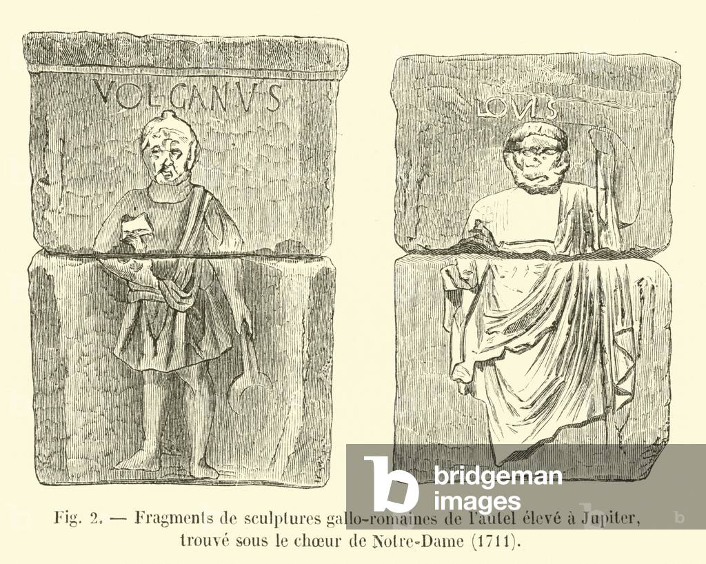 Fragments de sculptures gallo-romaines de l'autel eleve a Jupiter, trouve sous le choeur de Notre-Dame, 1711 (engraving)