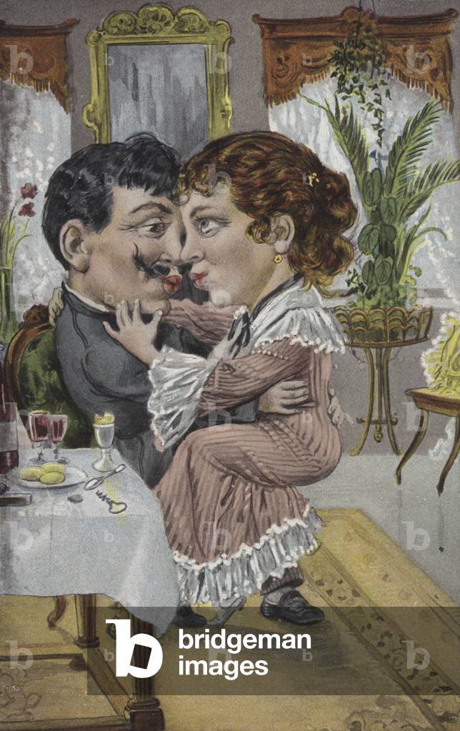 Woman sitting on man's knee (colour litho)