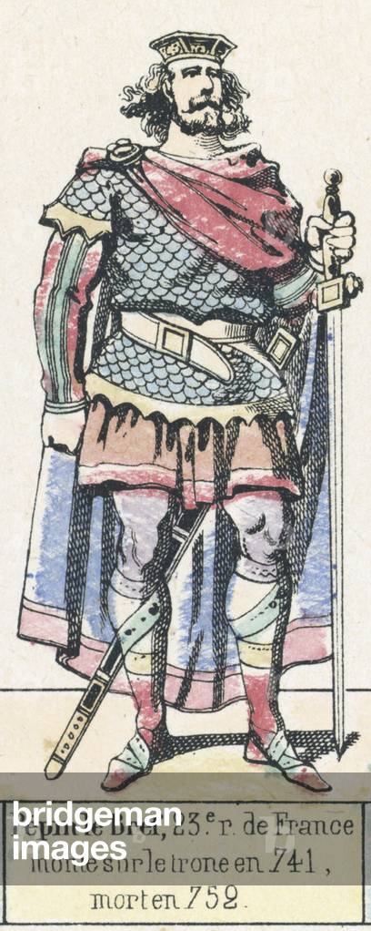 Pepin le Bref, 23e roi de France, monte sur le trone en 741, mort en 752 (coloured engraving)