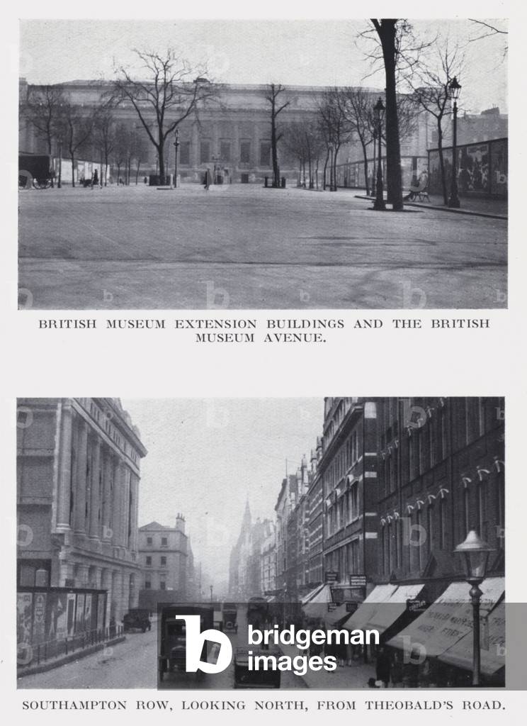 British Museum extension buildings and the British Museum Avenue; Southampton Row, looking north, from Theobald's Road (b/w photo)