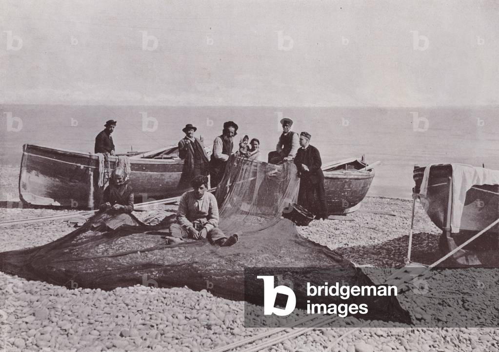 Italy: Bordighera, fishermen working (b/w photo)