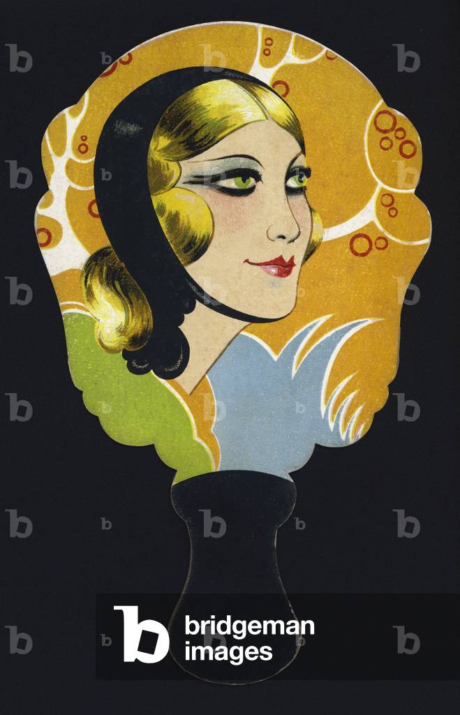 Art Deco paper fan with face of pretty woman (colour litho)
