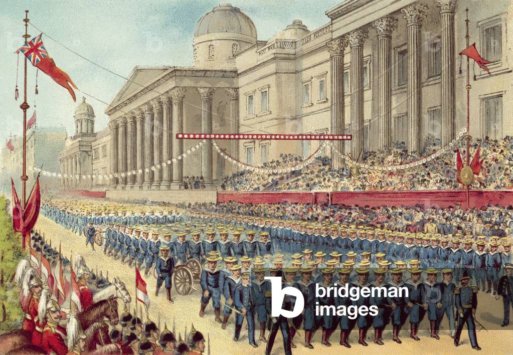 Queen Victoria's Diamond Jubilee 1897, Blue Jackets passing The National Gallery (chromolitho)