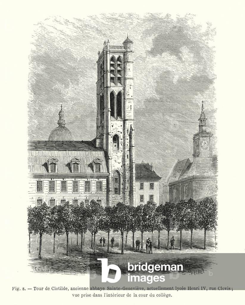Tour de Clotilde, ancienne abbaye Sainte-Genevieve, actuellement lycee Henri IV, rue Clovis; vue prise dans l'interieur de la cour du college (engraving)