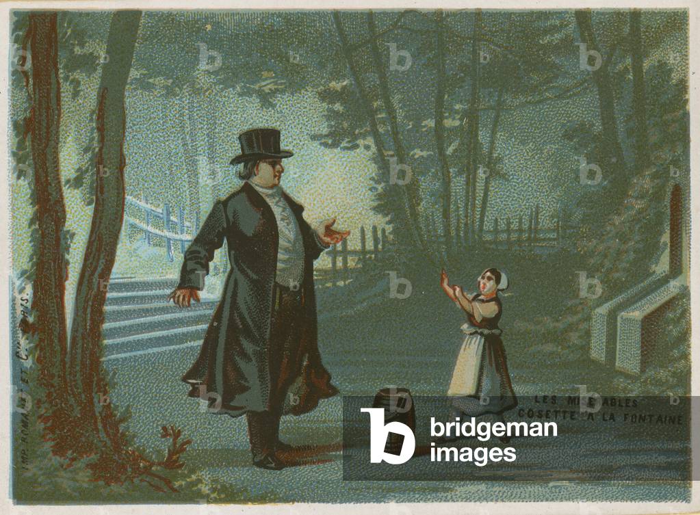 Cosette at the fountain; scene from 'Les Miserables' by Victor Hugo (chromolitho)
