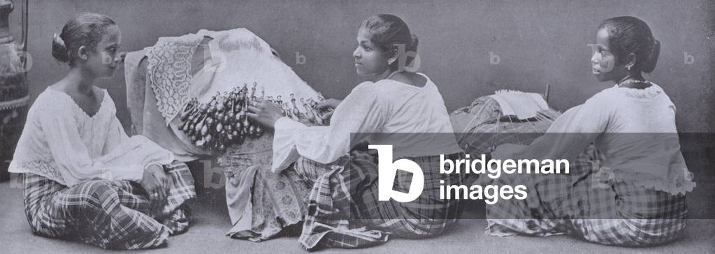 Lace Makers, Ceylon Lace is entirely hand made, and many beautiful specimens may be had (b/w photo)