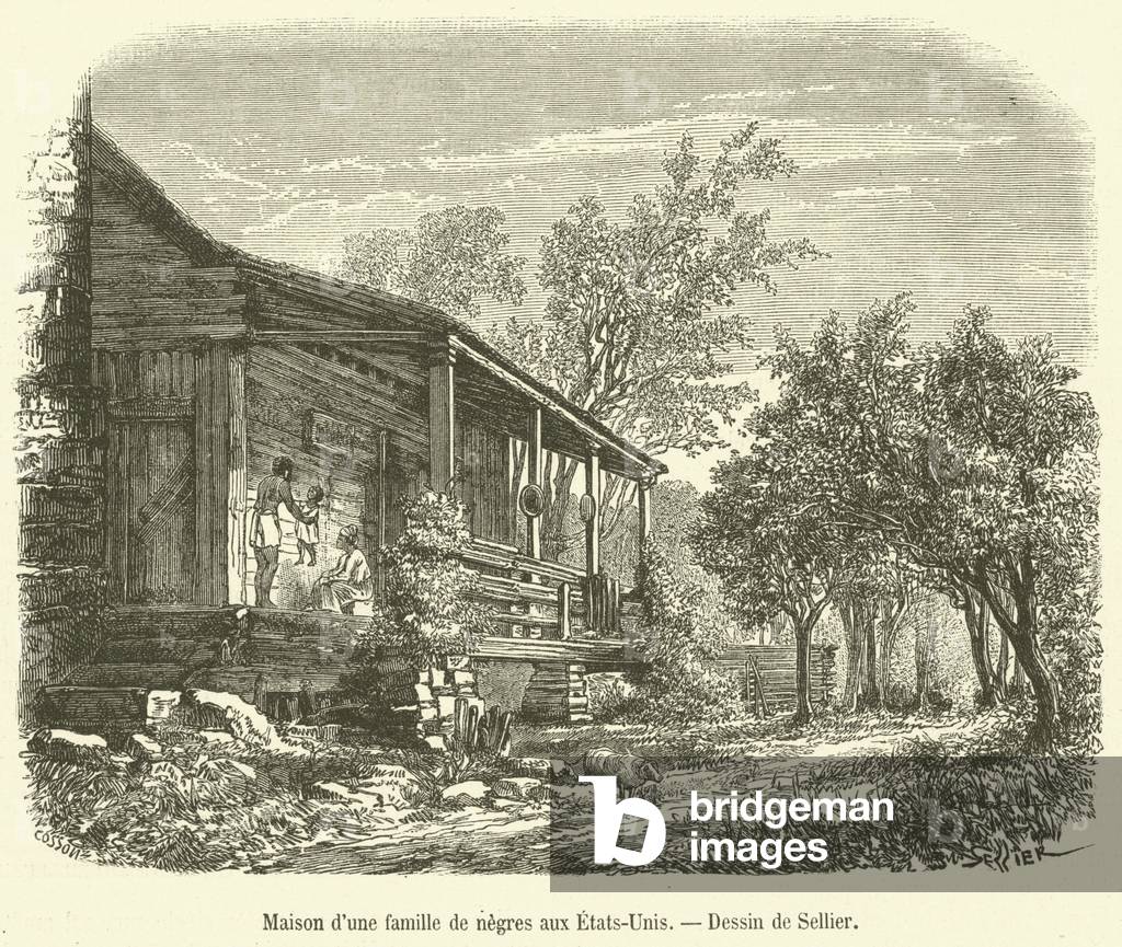Maison d'une famille de noirs américains aux Etats-Unis (engraving)