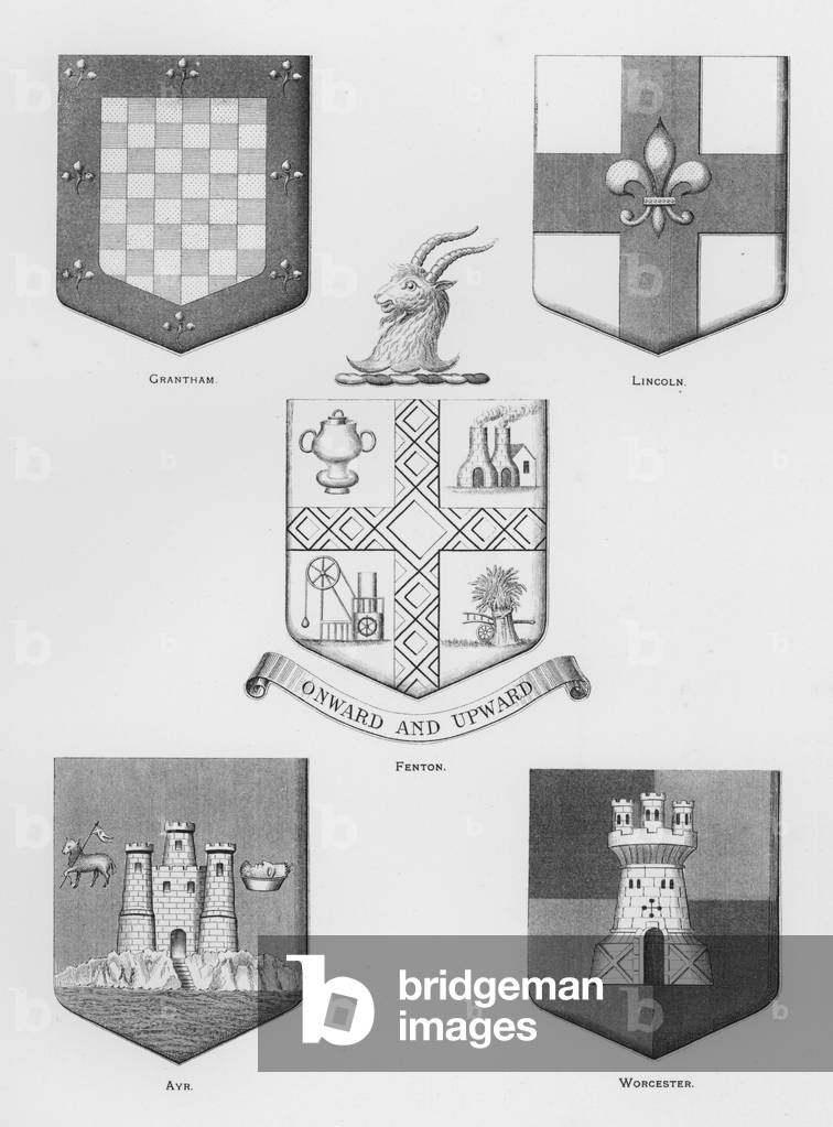 Public arms: Grantham; Lincoln; Fenton; Ayr; Worcester (engraving)