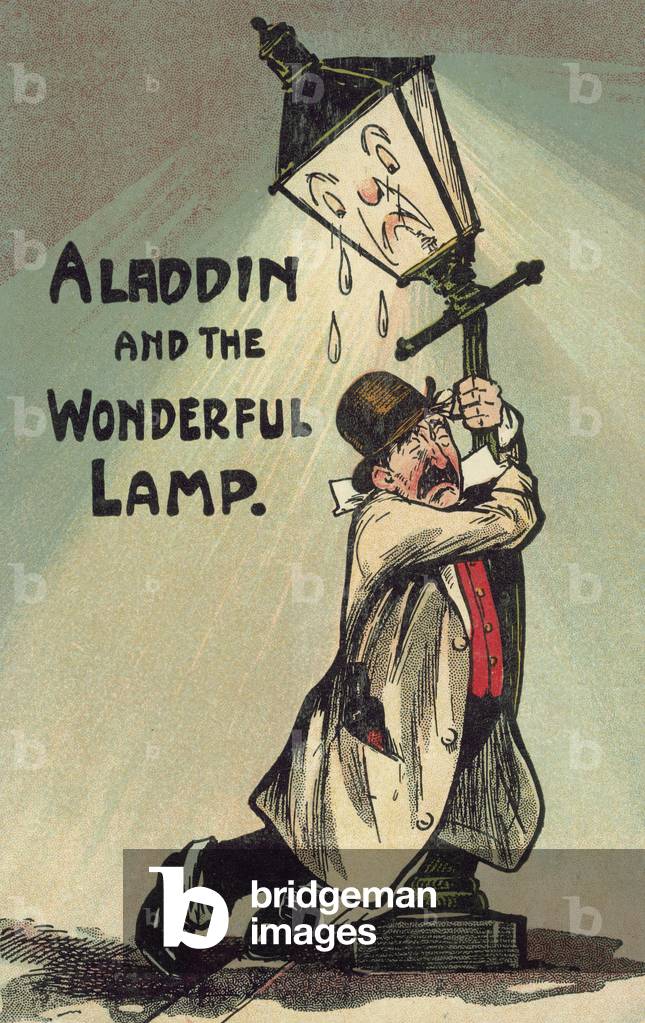 Drunk hanging onto a lamppost for support (colour litho)