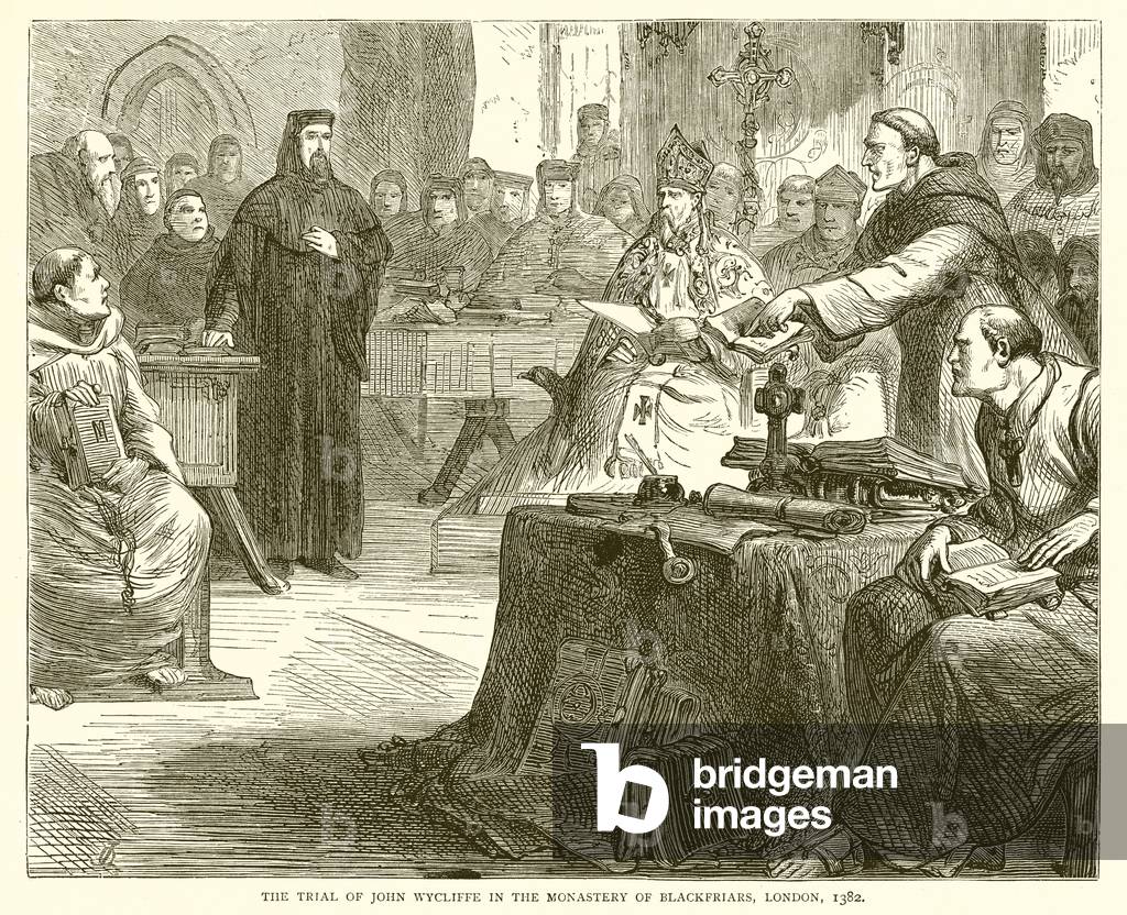The Trial of John Wycliffe in the Monastery of Blackfriars, London, 1382 (engraving)
