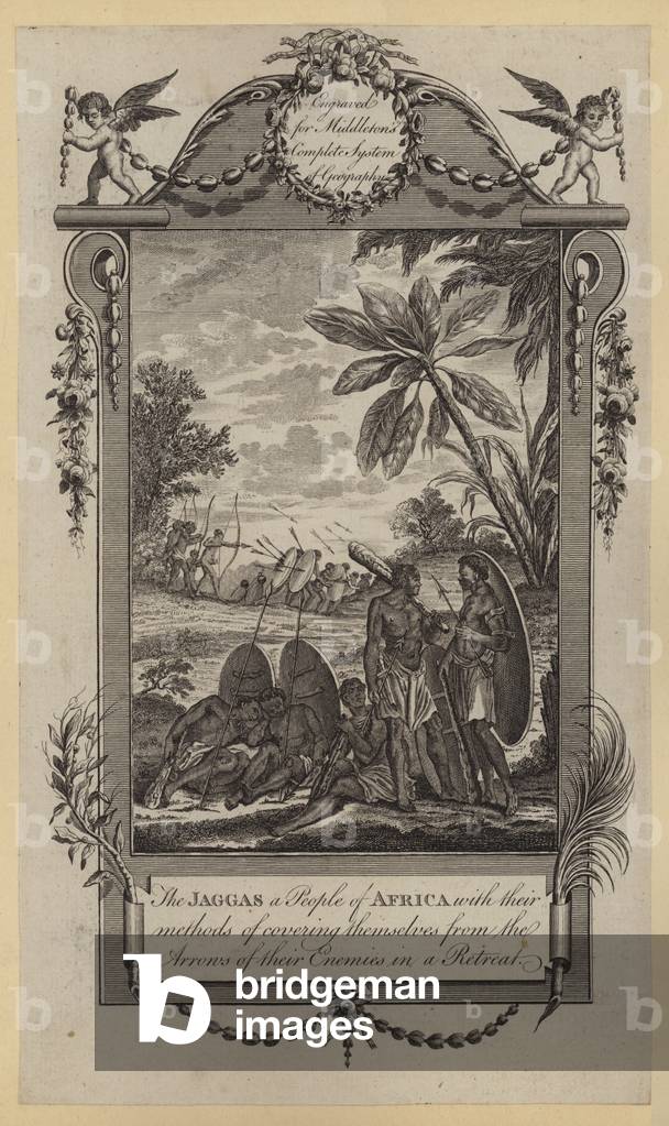 The Jaggas a People of Africa with their methods of covering themselves from the Arrows of their Enemies in a Retreat (engraving)