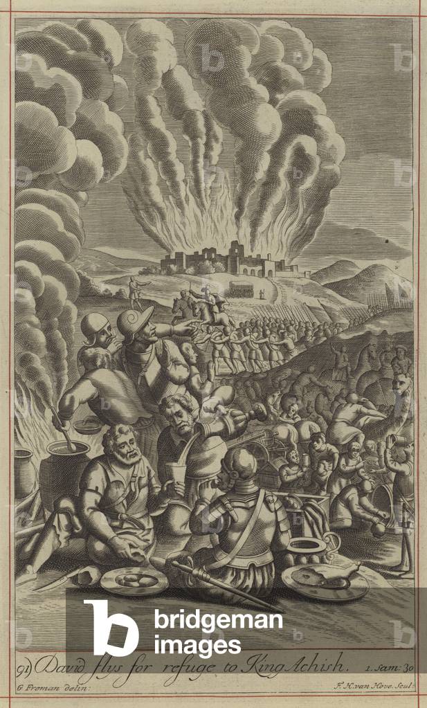 David flys for refuge to King Achish (engraving)