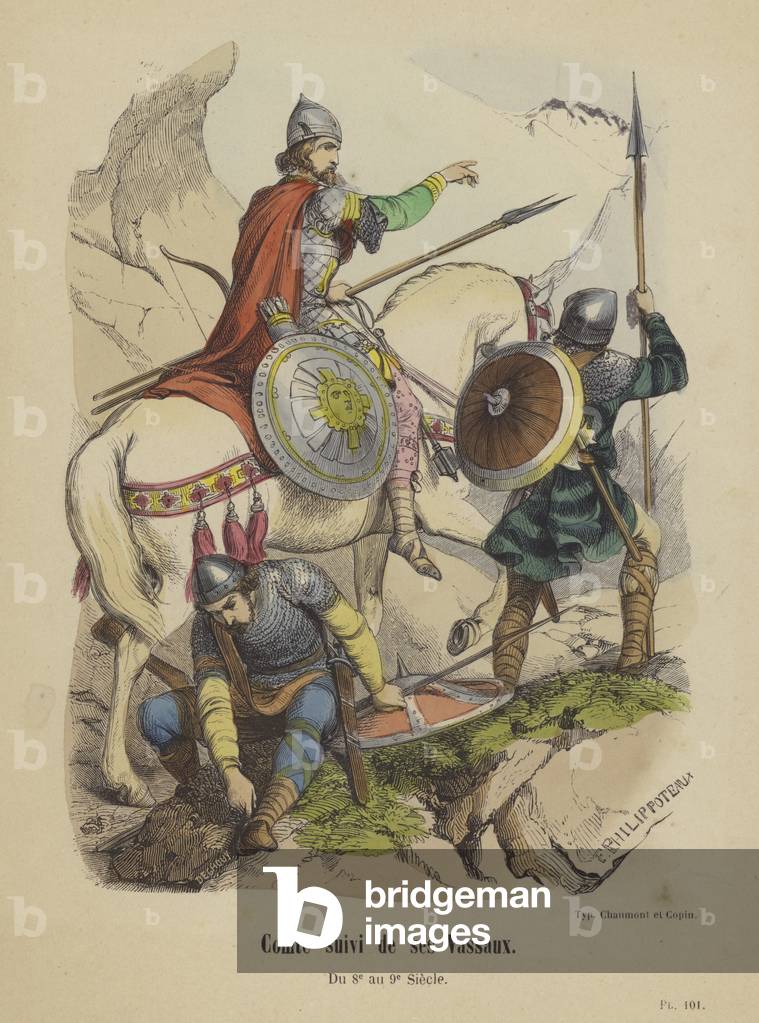 Comte suivi de ses Vassaux, Du 8e au 9e Siecle (coloured engraving)