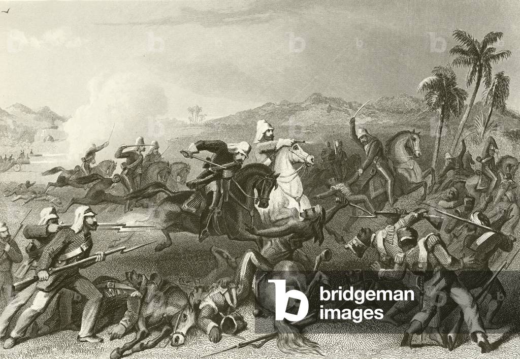 Attack on the Sealkote mutineers by General Nicholson's irregular cavalry (engraving)