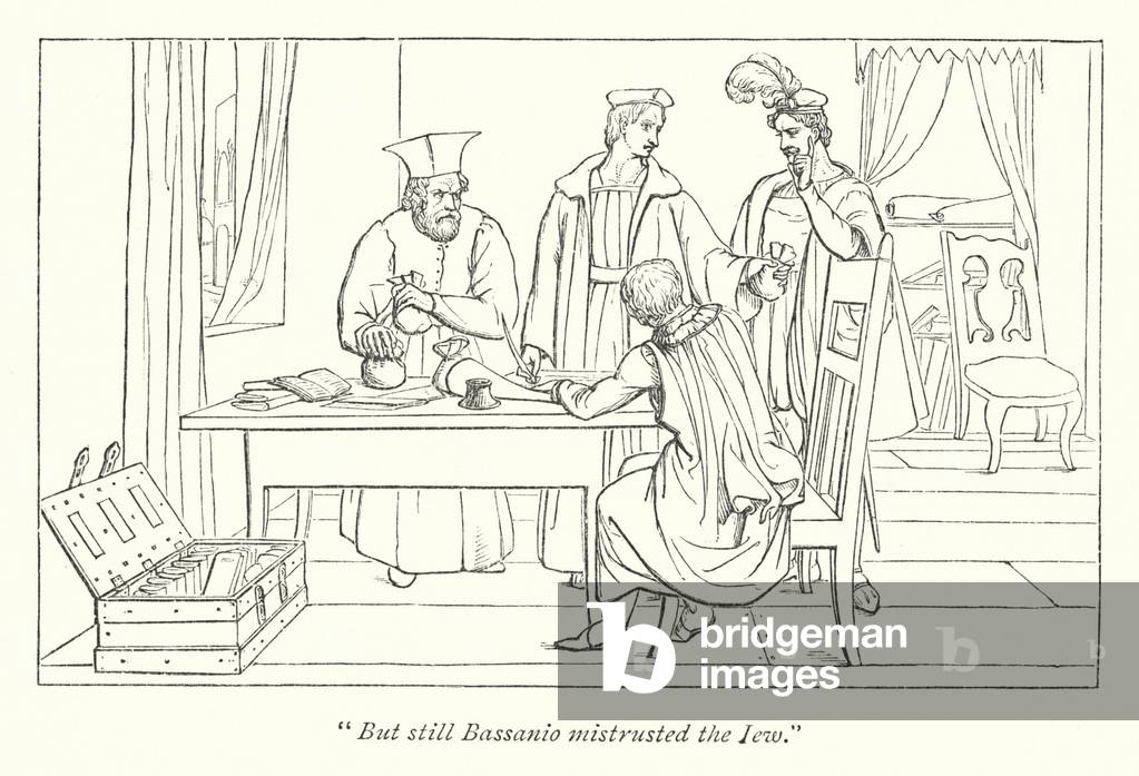Shakespeare's The Merchant Of Venice; Antonio borrowing the money of Shylock for Bassanio (engraving)