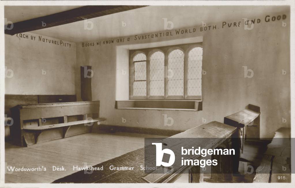 William Wordsworth's desk, Hawkshead Grammar School, Cumbria (b/w photo)