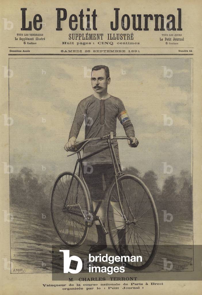 Charles Terront, winner of the Paris-Brest cycle race (colour litho)