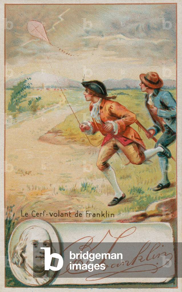 Benjamin Franklin flying a kite which is struck by lightning (chromolitho)