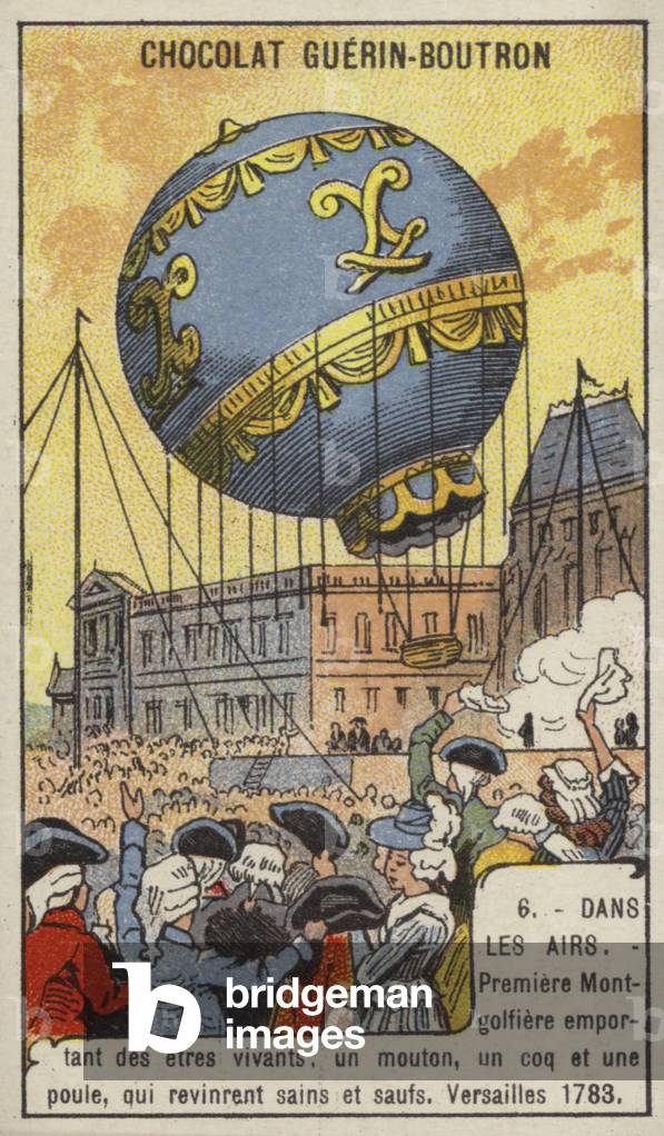 First balloon flight carrying living creatures, Versailles, 1783 (chromolitho)