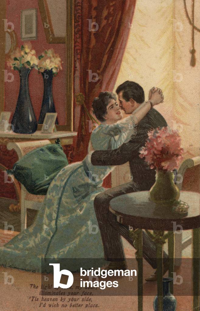 Embracing couple (colour litho)