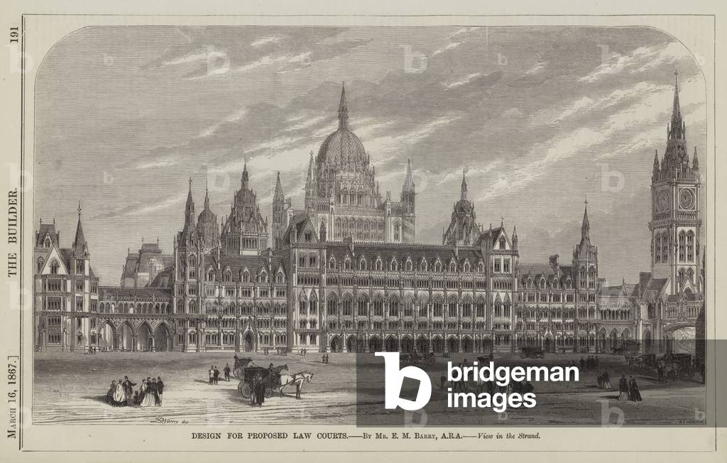Design for Proposed Law Courts, by Mr E M Barry, ARA, View in the Strand (engraving)
