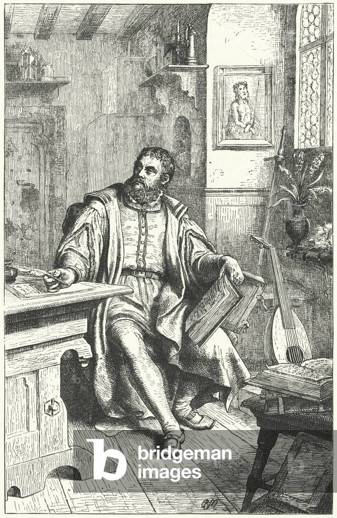 Martin Luther translating the Bible into German (engraving)