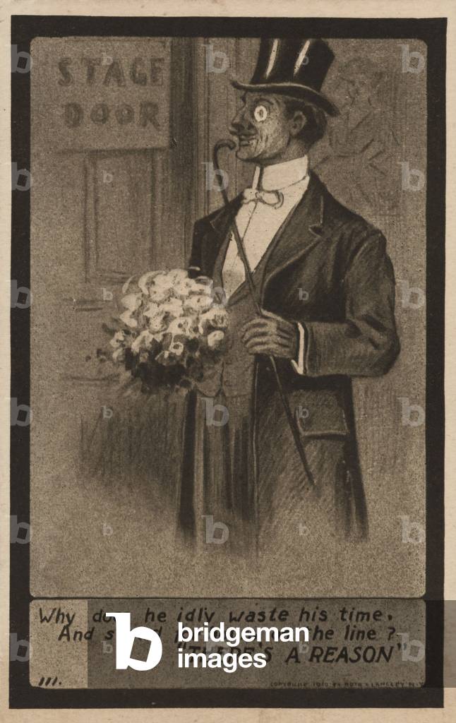 Gentleman waiting at a stage door (litho)