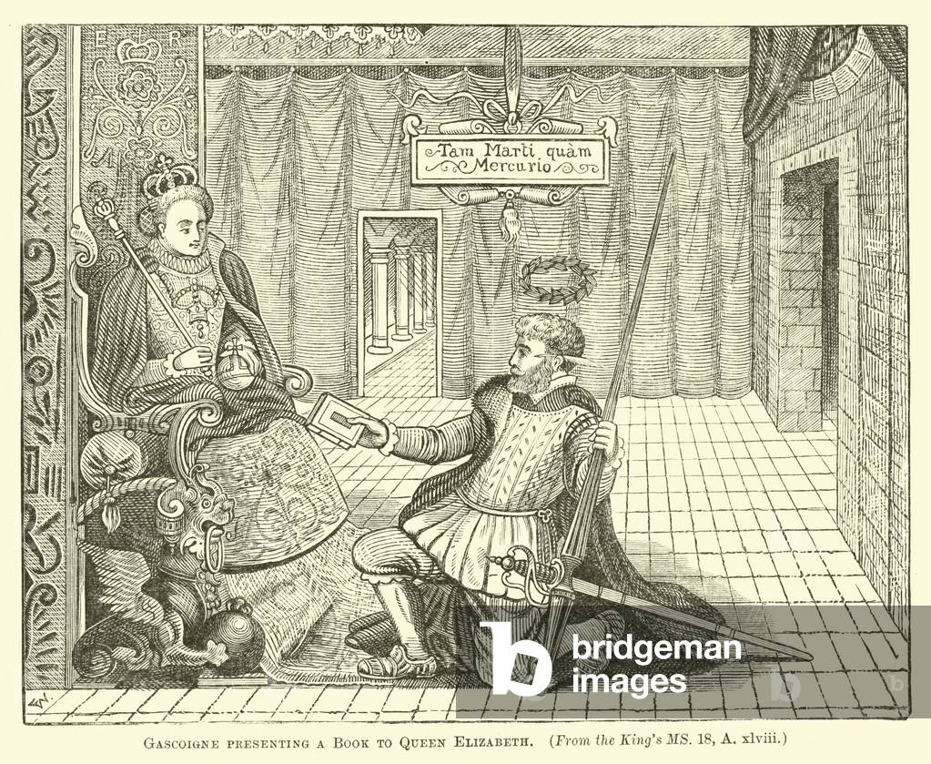 Gascoigne presenting a Book to Queen Elizabeth (engraving)